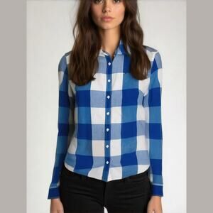 TOMMY HILFIGER Blue White Buffalo Check Cotton Long Sleeve Button Down Blouse XS